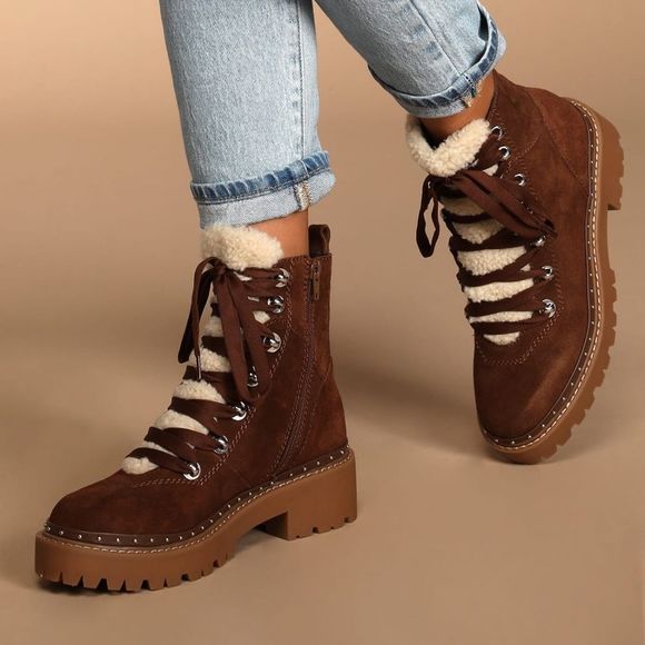 NWT Steve Madden Cognac Suede Leather Lace-Up Platform Ankle Boots 9.5 - Picture 1 of 9